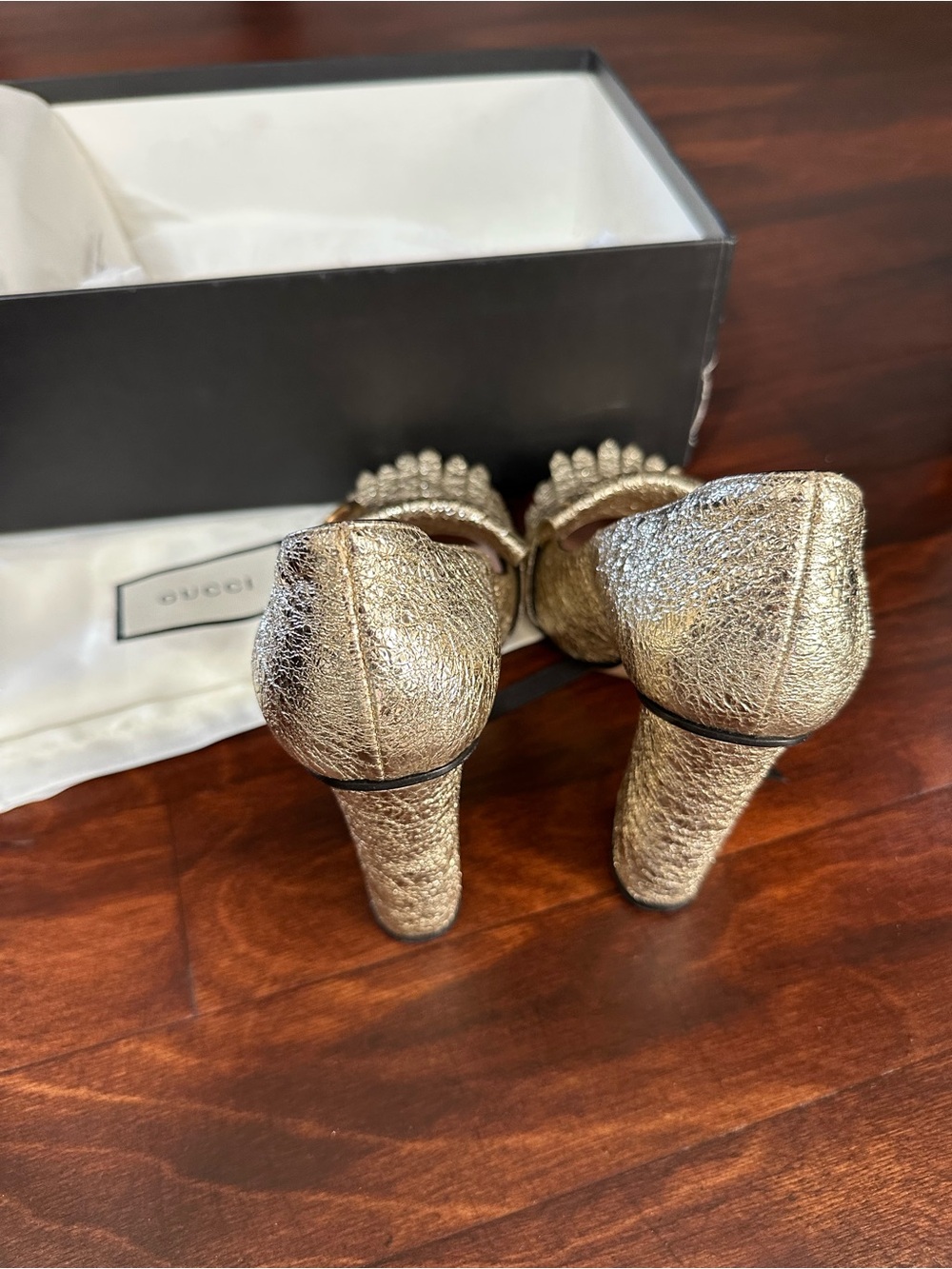 Gucci Gold Glitter Fringe Heeled Loafers with Double G - Picture 4 of 10